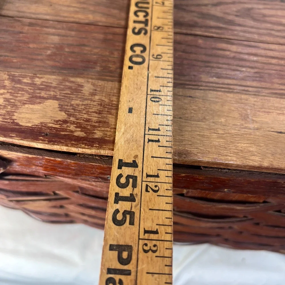 Vintage Woven Wood Picnic Basket Dual Handles Hinged Slatted Lid Large Rustic